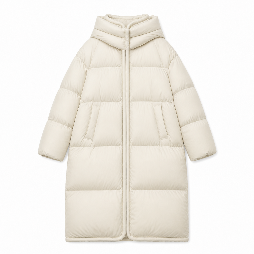 Freya – Lange Daunenjacke mit abnehmbarer Kapuze